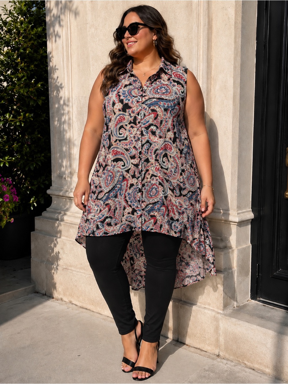 Spense Black Paisley Sleeveless Blouse with Pink & Blue Accents